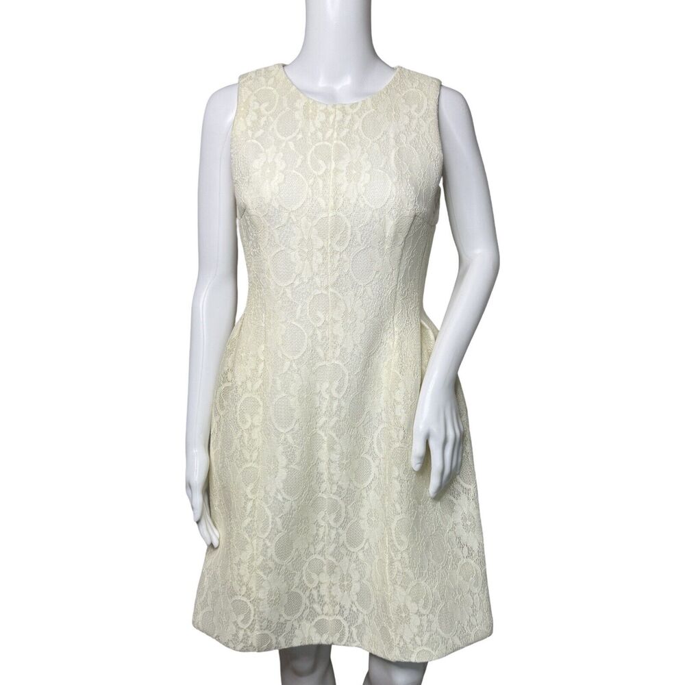 Calvin Klein Dress Women 4‎ Ivory Scuba Material Lace Overlay Feminine Preppy